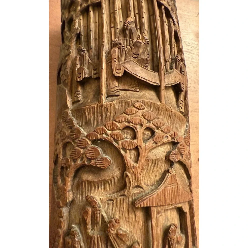 Antique Chinese carved‎ landscapes and figurines bamboo brush pot Vase